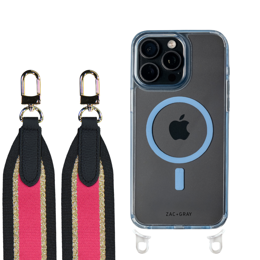 iPhone 16 Pro SKY BLUE TRANSPARENT CASE + PATTERNED STRAP
