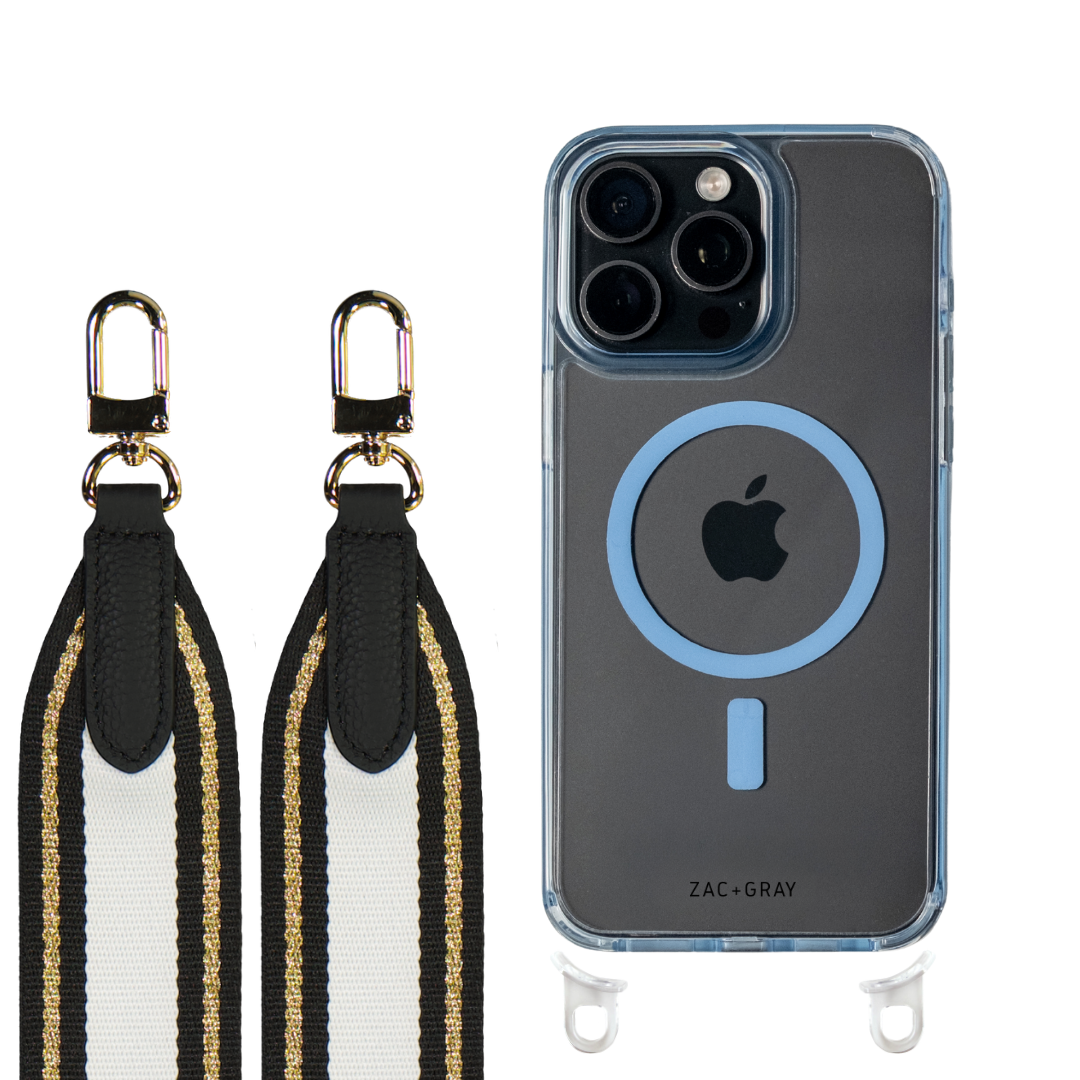 iPhone 16 Pro SKY BLUE TRANSPARENT CASE + PATTERNED STRAP