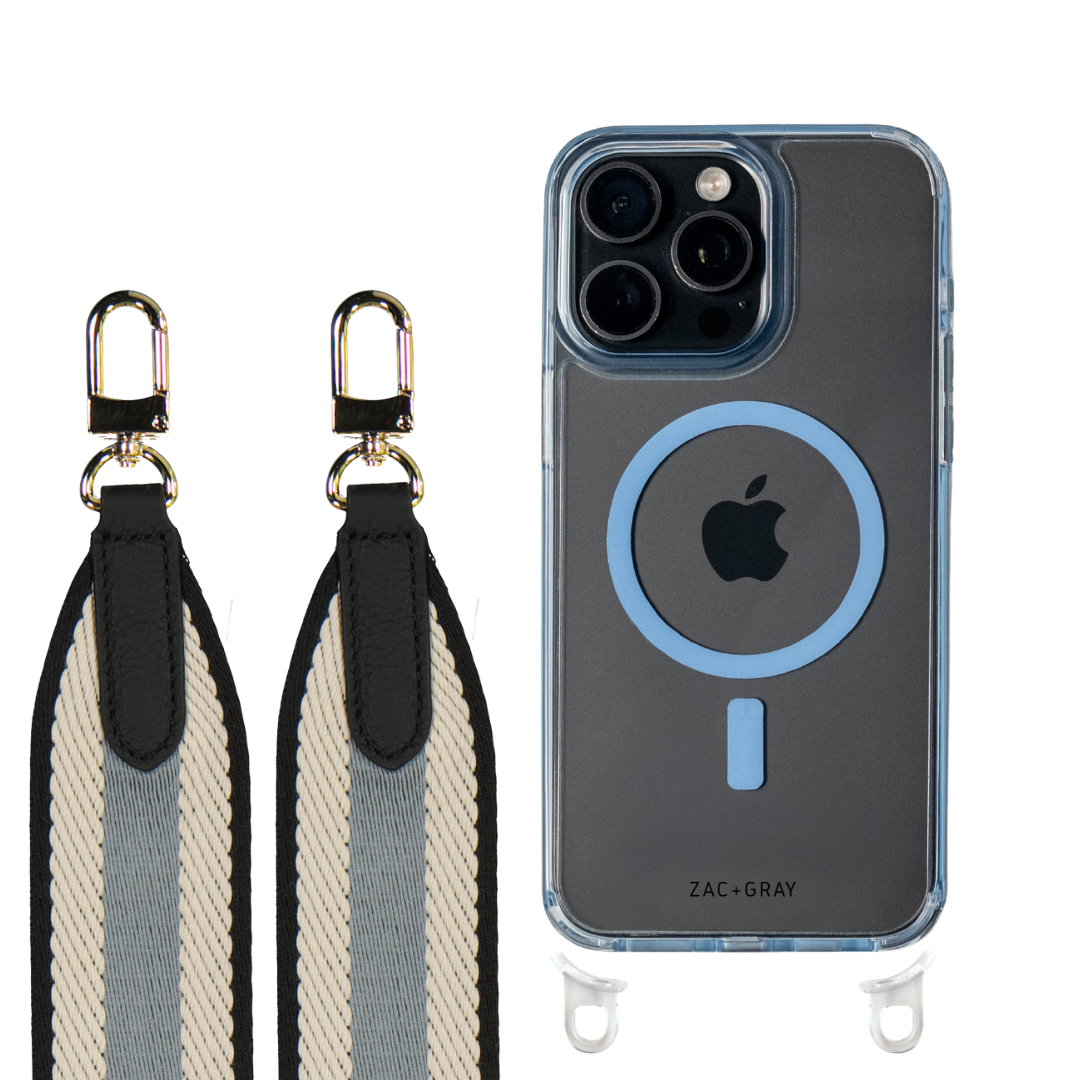 iPhone 16 Pro SKY BLUE TRANSPARENT CASE + PATTERNED STRAP