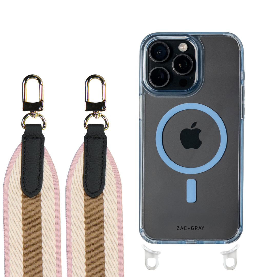 iPhone 16 Pro SKY BLUE TRANSPARENT CASE + PATTERNED STRAP