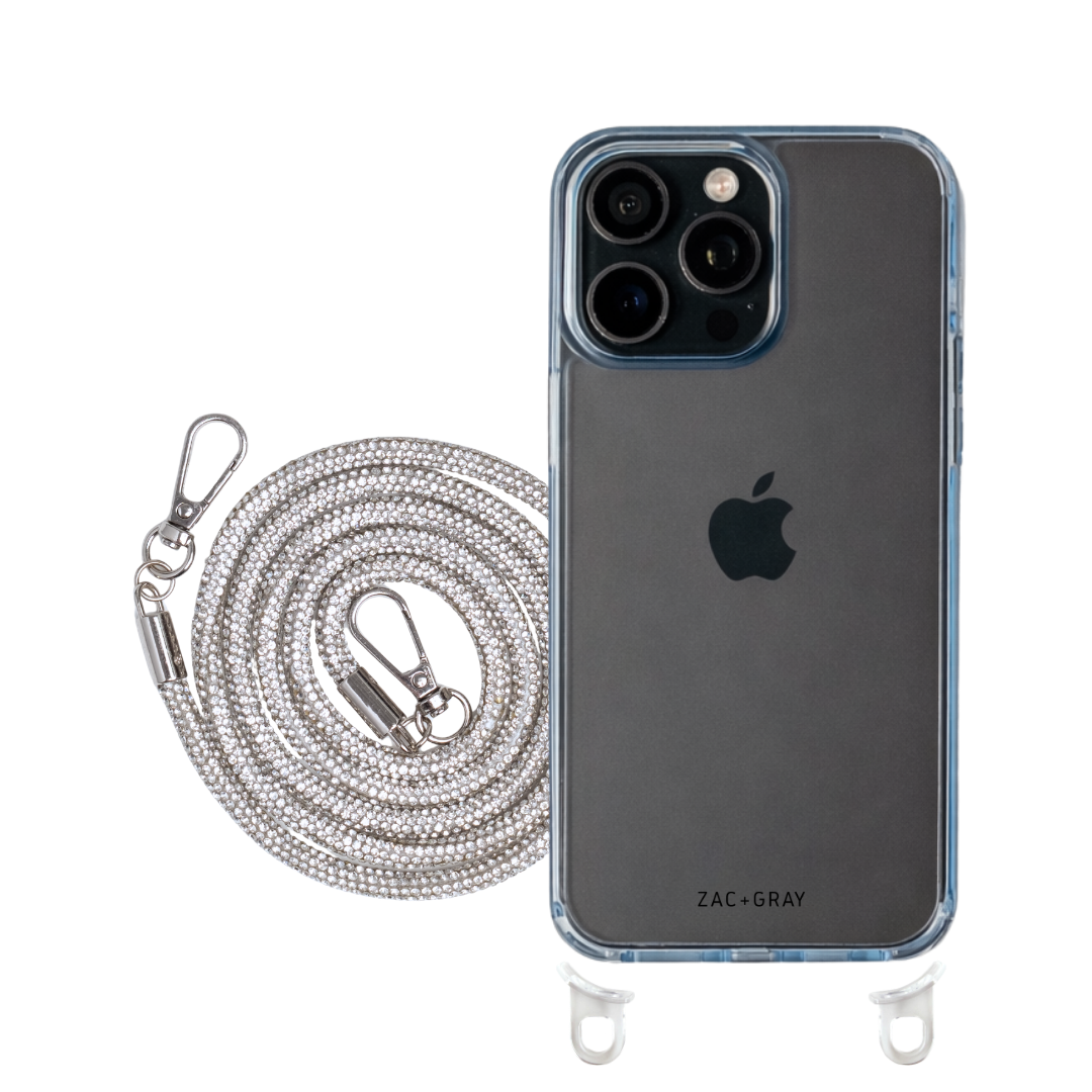 iPhone 15 SKY BLUE TRANSPARENT CASE + CRYSTAL CORD