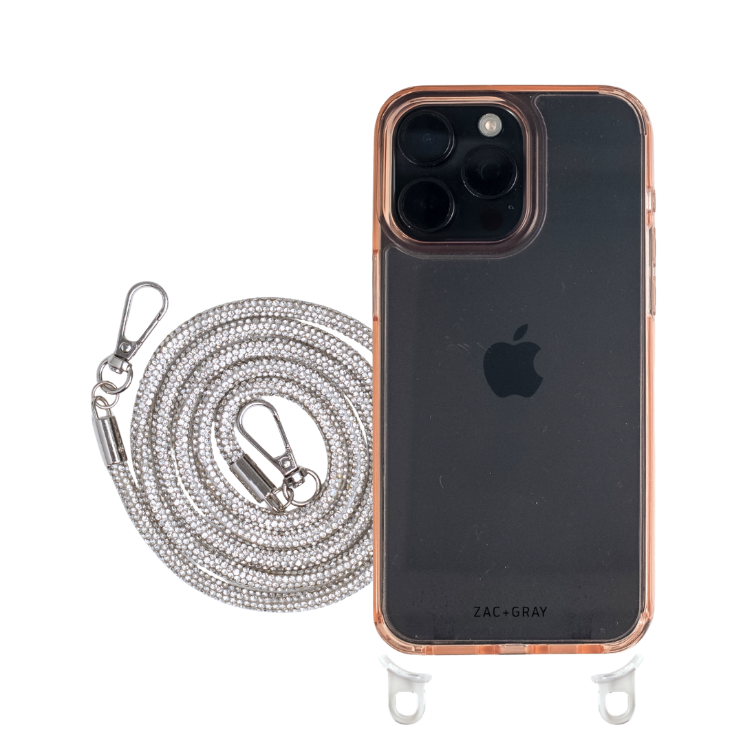 iPhone 16 POWDER PINK TRANSPARENT CASE + CRYSTAL CORD