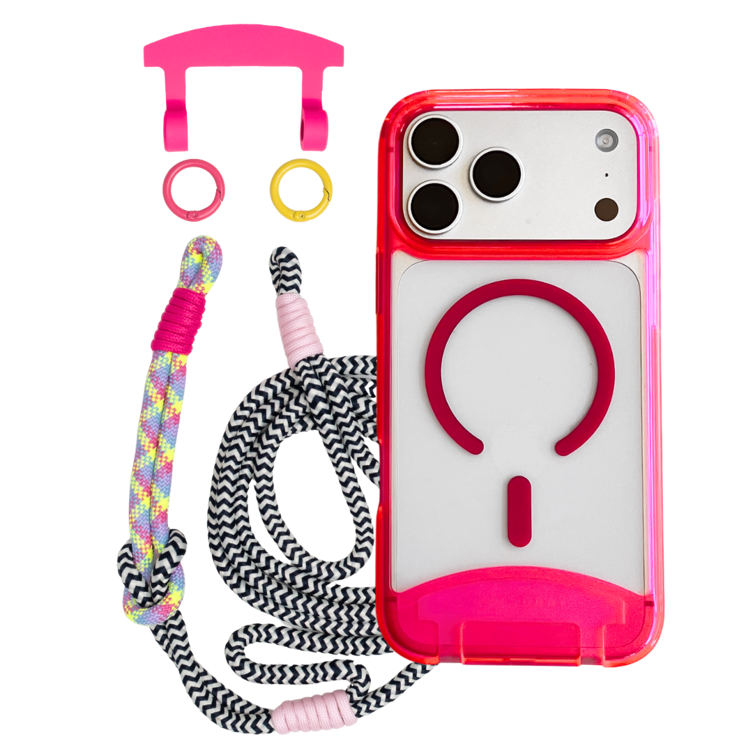 HOT PINK TRANSPARENT CASE WITH ELECTRIC BLOOM KNOTTED CORD - MAGSAFE