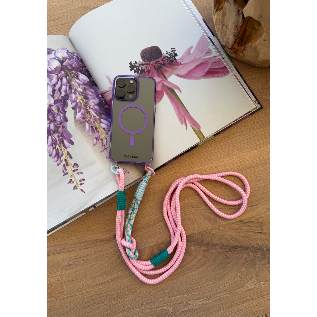 iPhone 14 Plus and 15 Plus LAVENDER TRANSPARENT CASE + KNOTTED CORD