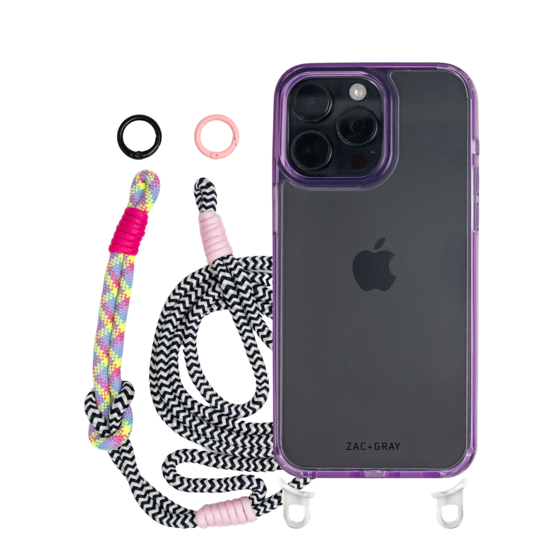 iPhone 14 Plus and 15 Plus LAVENDER TRANSPARENT CASE + KNOTTED CORD