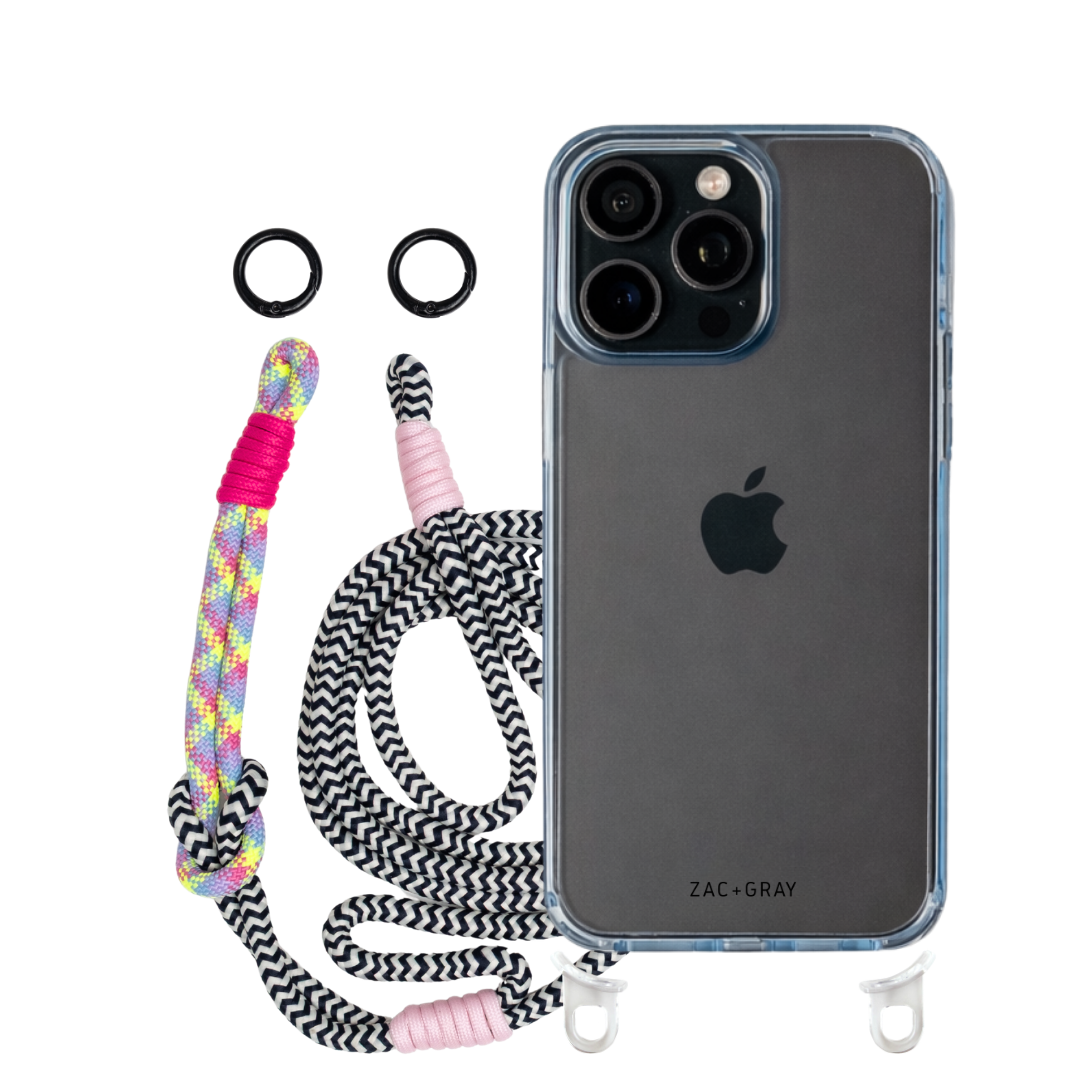 iPhone 16 Pro Max SKY BLUE TRANSPARENT CASE + KNOTTED CORD