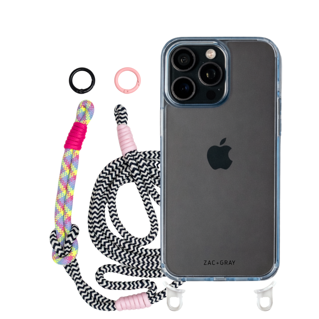 iPhone 16 Pro Max SKY BLUE TRANSPARENT CASE + KNOTTED CORD