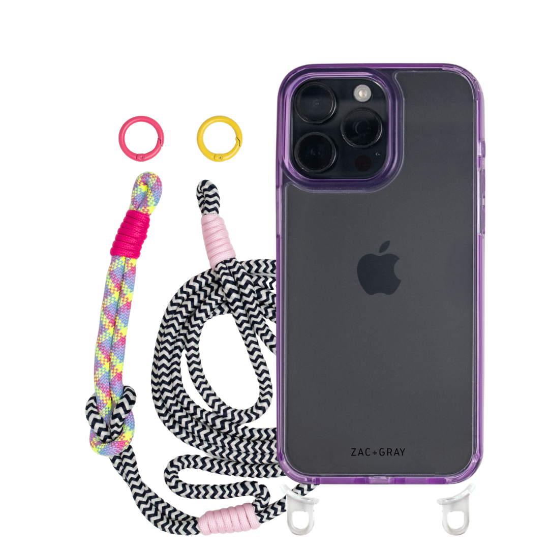 iPhone 14 Plus and 15 Plus LAVENDER TRANSPARENT CASE + KNOTTED CORD