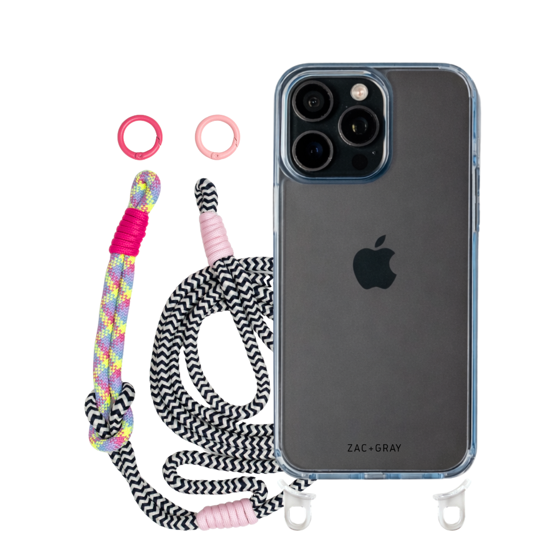 iPhone 16 Pro Max SKY BLUE TRANSPARENT CASE + KNOTTED CORD