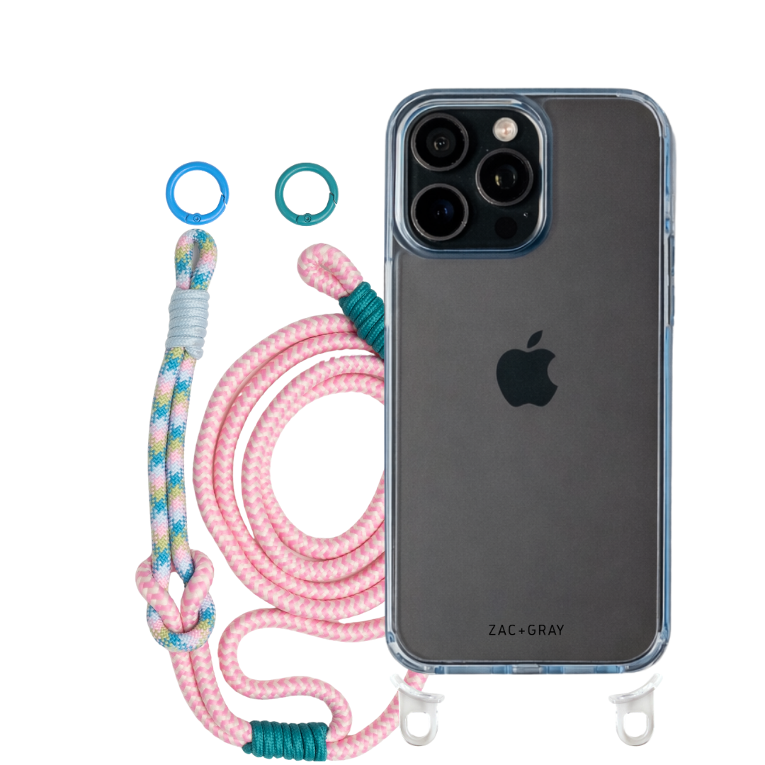 iPhone 16 Pro Max SKY BLUE TRANSPARENT CASE + KNOTTED CORD