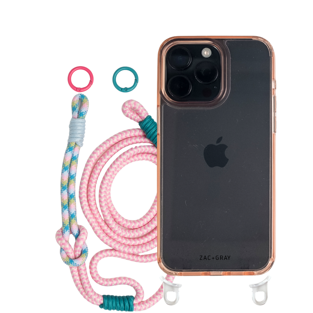 iPhone 16 Plus POWDER PINK TRANSPARENT CASE + KNOTTED CORD