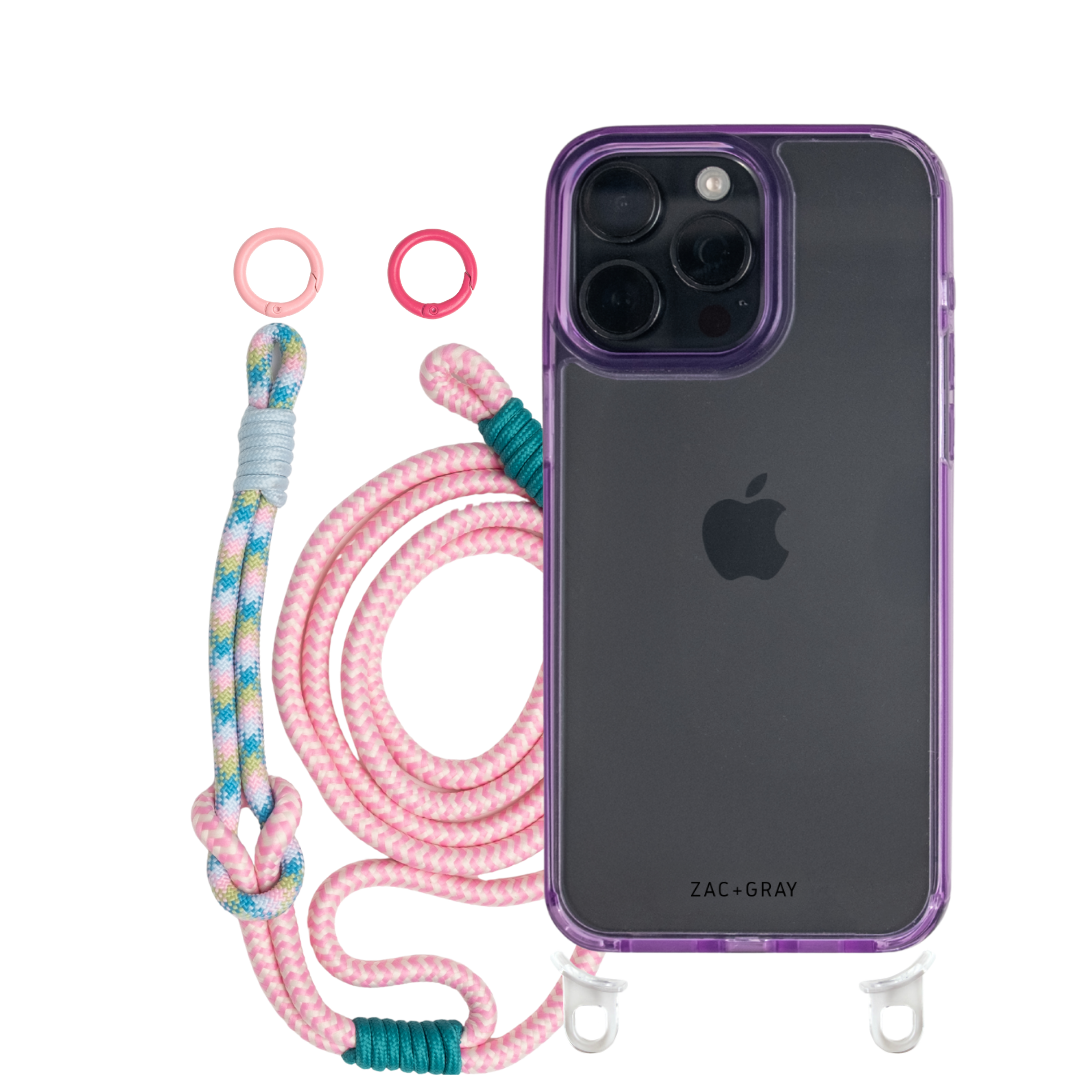 iPhone 14 Plus and 15 Plus LAVENDER TRANSPARENT CASE + KNOTTED CORD