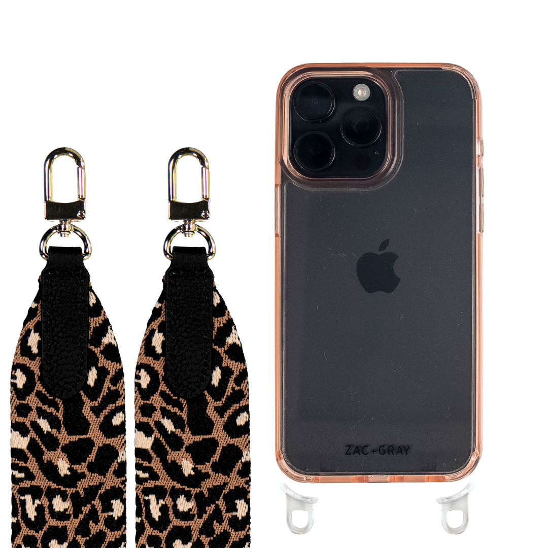 iPhone 16 Plus POWDER PINK TRANSPARENT CASE + PATTERNED STRAP