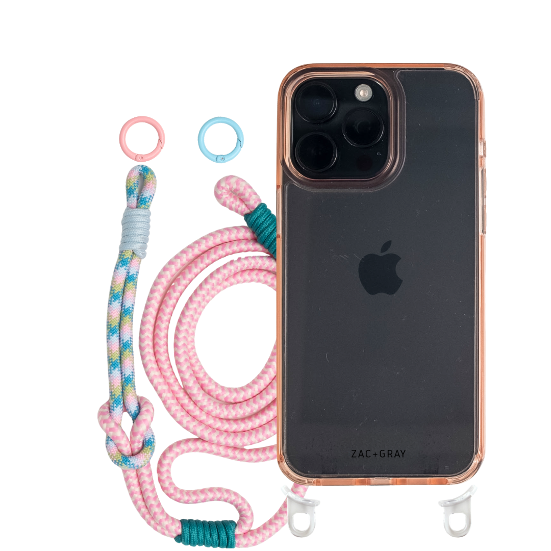 iPhone 16 Plus POWDER PINK TRANSPARENT CASE + KNOTTED CORD