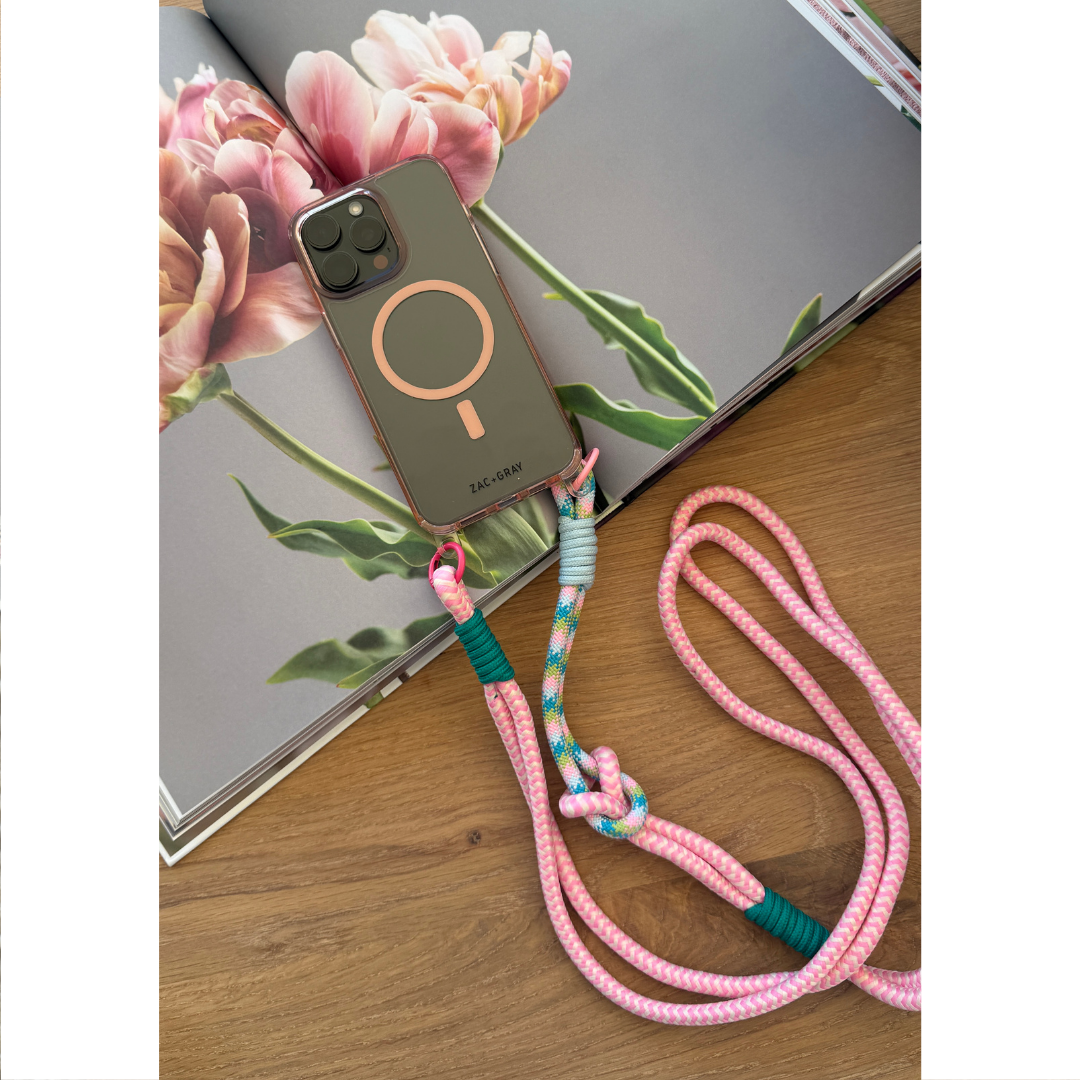 iPhone 16 Plus POWDER PINK TRANSPARENT CASE + KNOTTED CORD