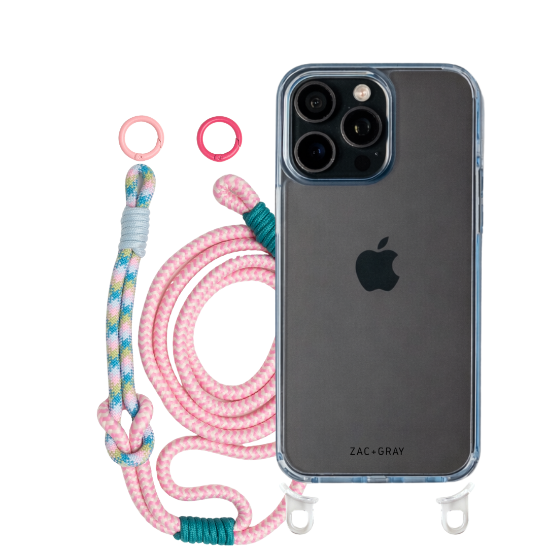 iPhone 16 Pro Max SKY BLUE TRANSPARENT CASE + KNOTTED CORD