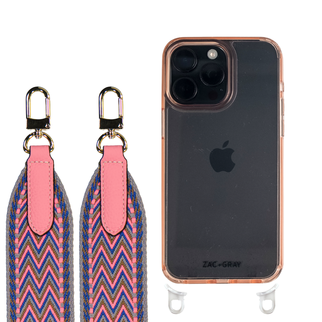 iPhone 16 Plus POWDER PINK TRANSPARENT CASE + PATTERNED STRAP