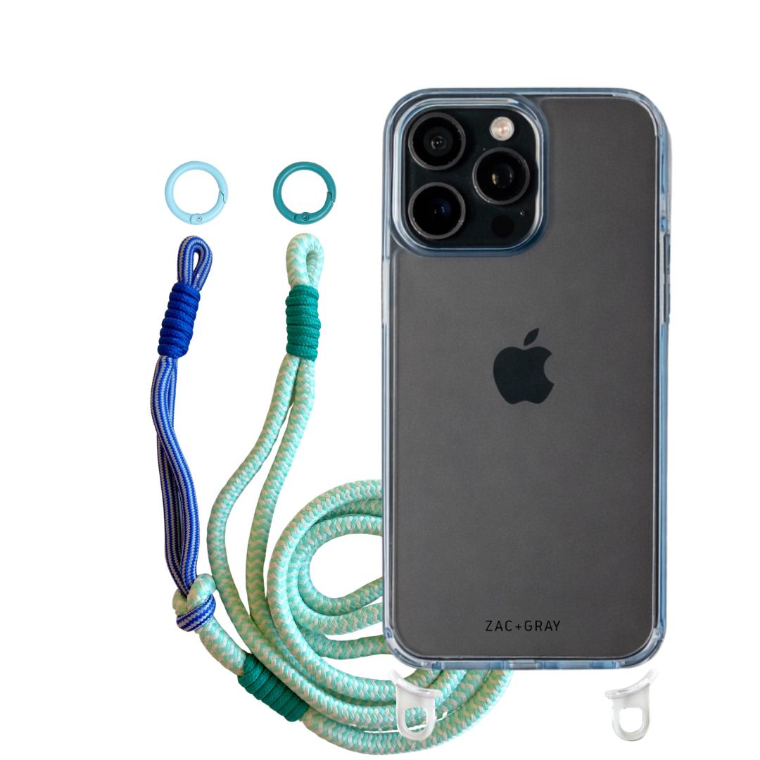 iPhone 16 Pro Max SKY BLUE TRANSPARENT CASE + KNOTTED CORD