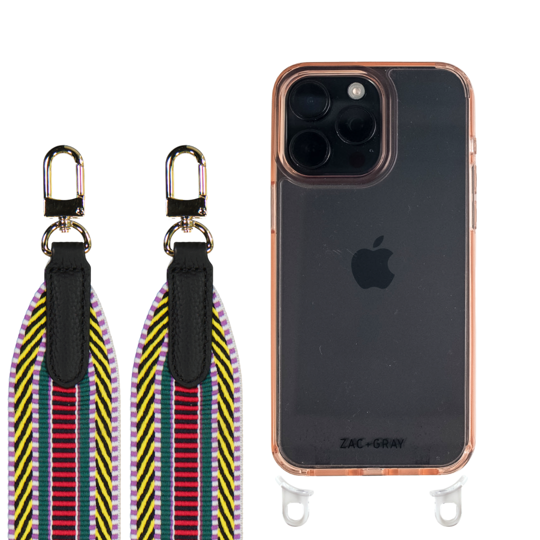iPhone 16 Plus POWDER PINK TRANSPARENT CASE + PATTERNED STRAP