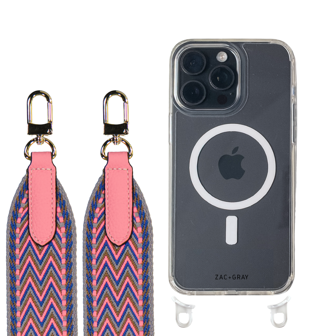 iPhone 16 Pro CRYSTAL CLEAR TRANSPARENT CASE + PATTERNED STRAP