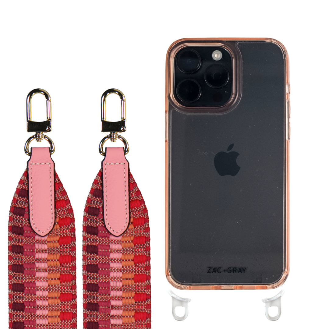 iPhone 16 Plus POWDER PINK TRANSPARENT CASE + PATTERNED STRAP