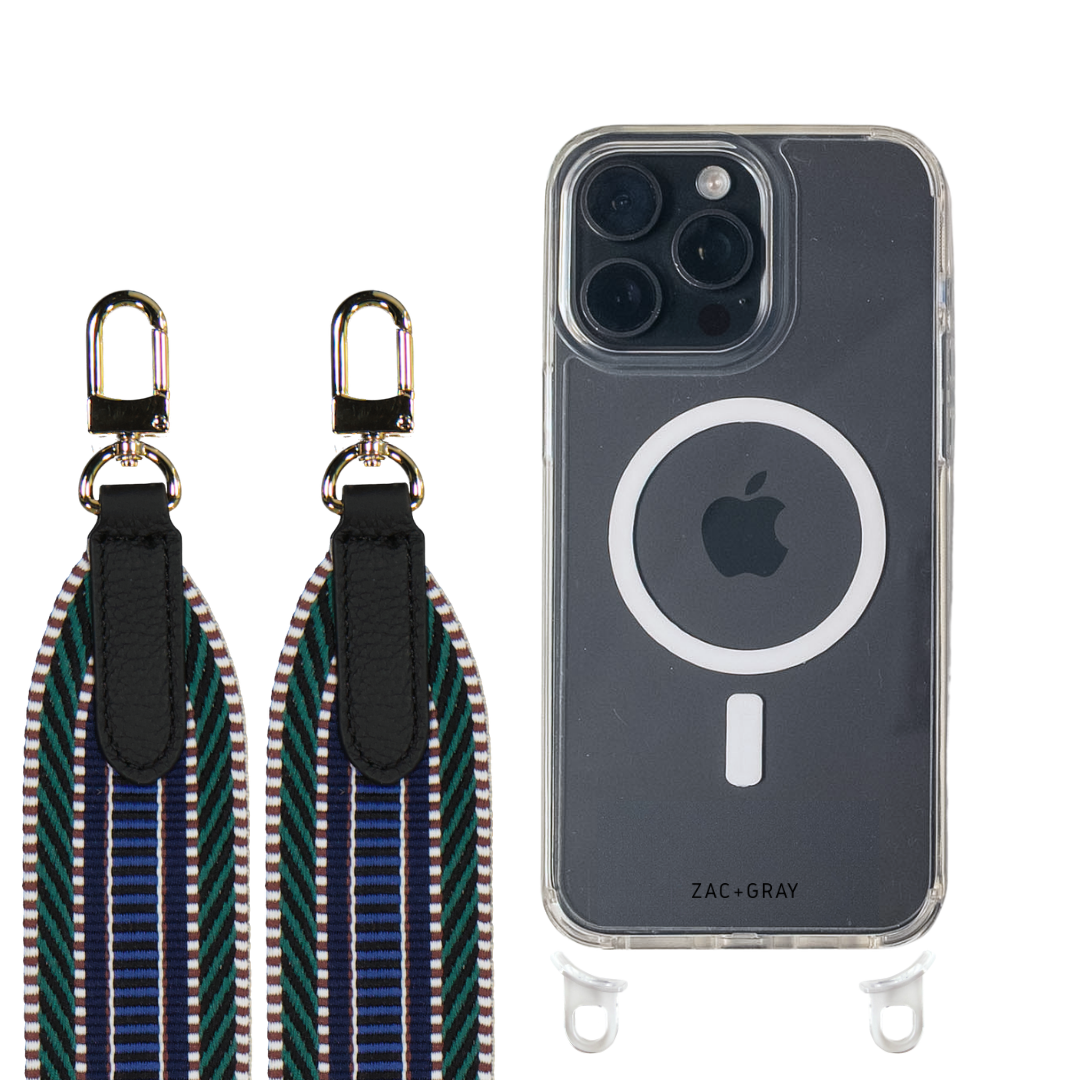 iPhone 16 Pro CRYSTAL CLEAR TRANSPARENT CASE + PATTERNED STRAP
