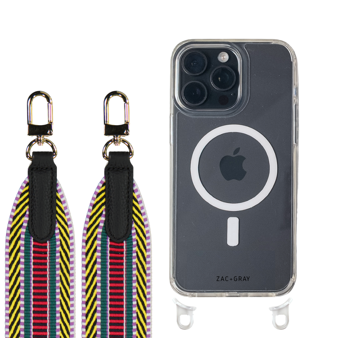 iPhone 16 Pro CRYSTAL CLEAR TRANSPARENT CASE + PATTERNED STRAP