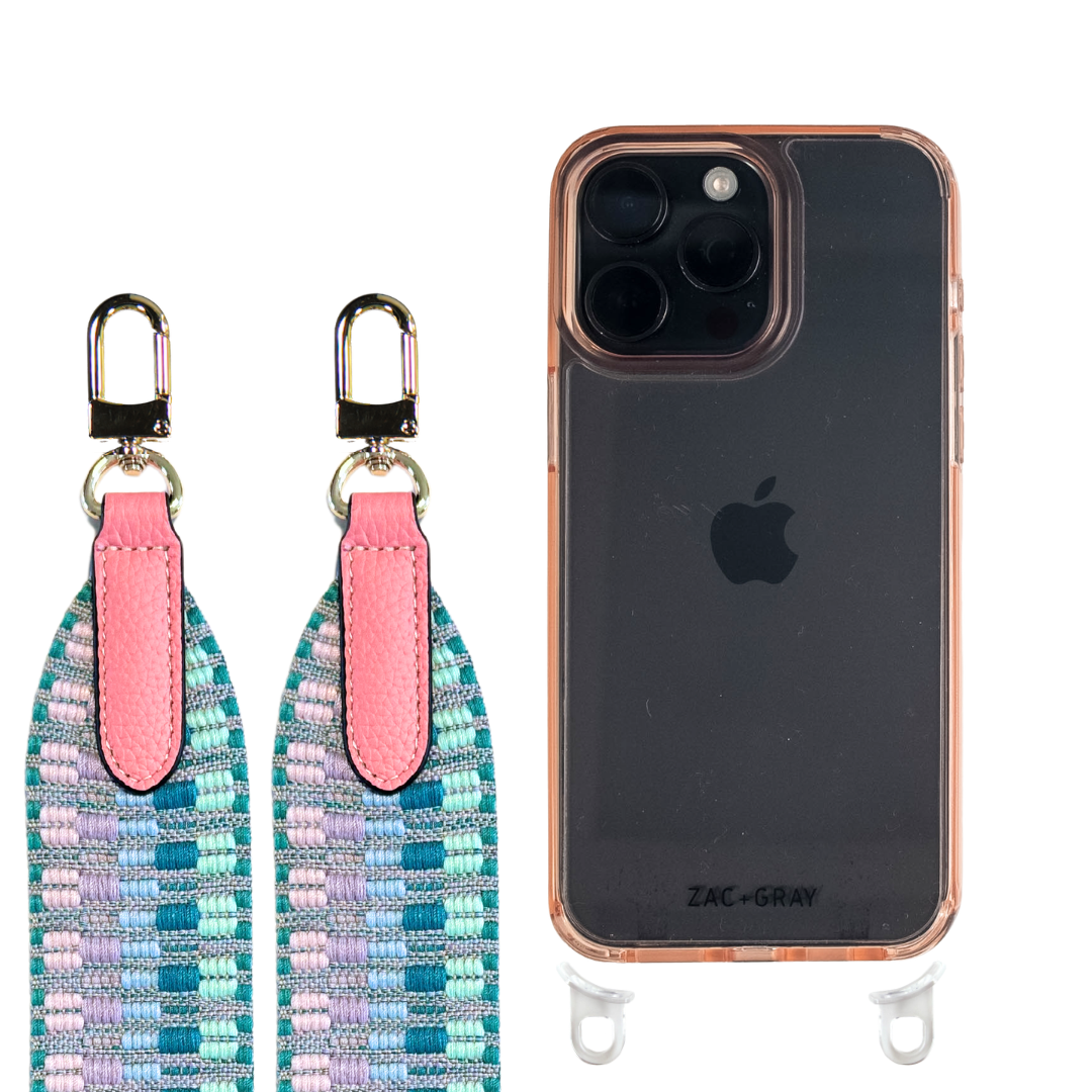 iPhone 16 Plus POWDER PINK TRANSPARENT CASE + PATTERNED STRAP