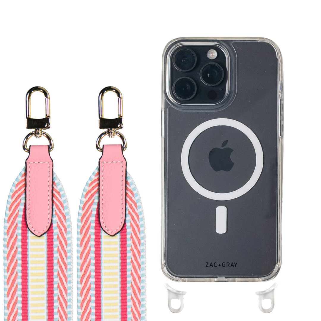 iPhone 16 Pro CRYSTAL CLEAR TRANSPARENT CASE + PATTERNED STRAP
