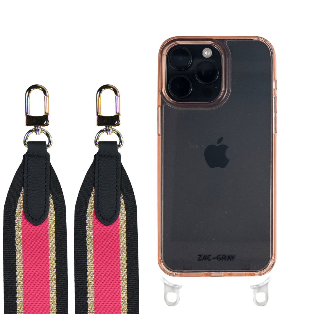 iPhone 16 Plus POWDER PINK TRANSPARENT CASE + PATTERNED STRAP