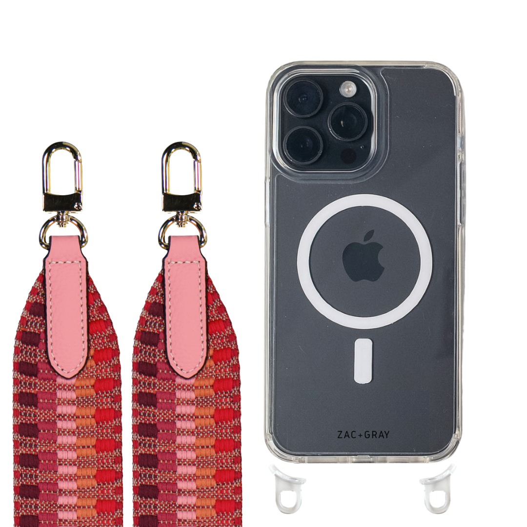 iPhone 16 Pro CRYSTAL CLEAR TRANSPARENT CASE + PATTERNED STRAP