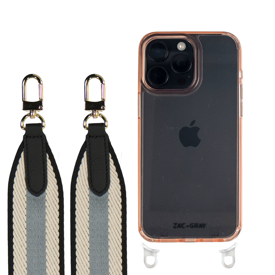 iPhone 16 Plus POWDER PINK TRANSPARENT CASE + PATTERNED STRAP