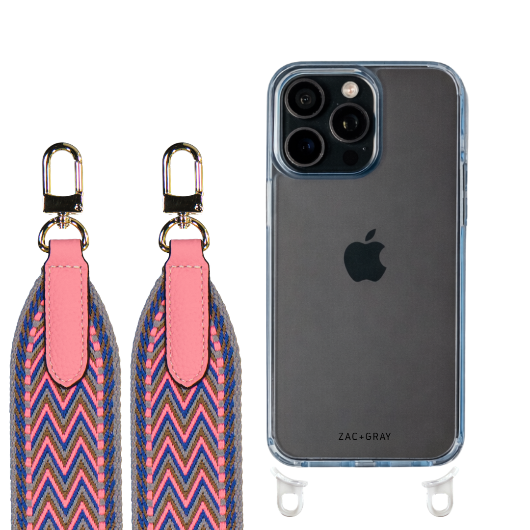 iPhone 16 Pro SKY BLUE TRANSPARENT CASE + PATTERNED STRAP