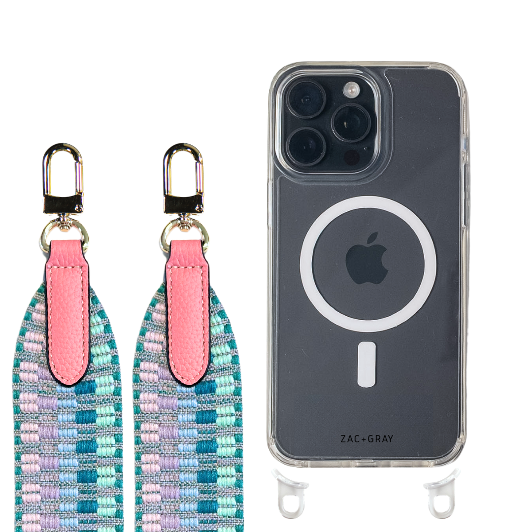 iPhone 16 Pro CRYSTAL CLEAR TRANSPARENT CASE + PATTERNED STRAP