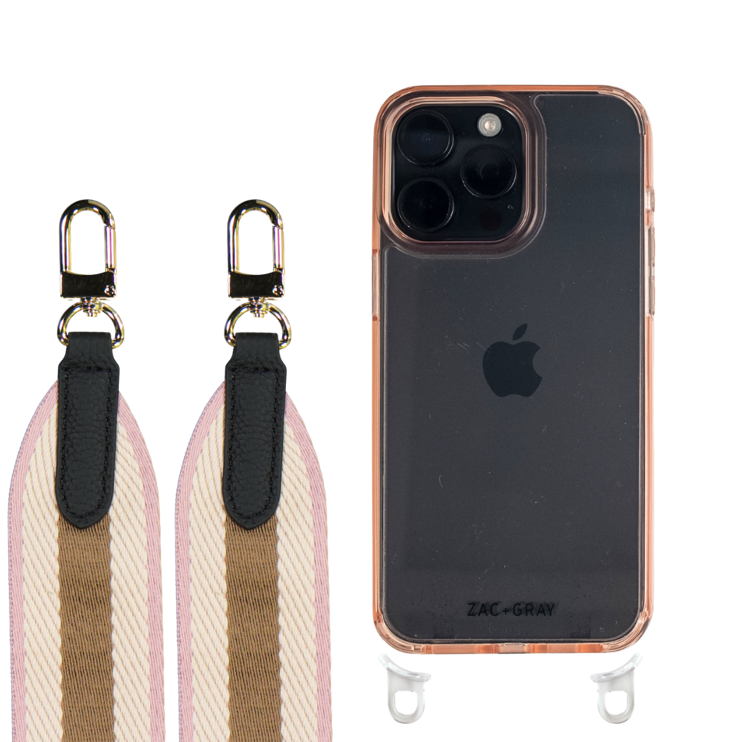 iPhone 16 Plus POWDER PINK TRANSPARENT CASE + PATTERNED STRAP
