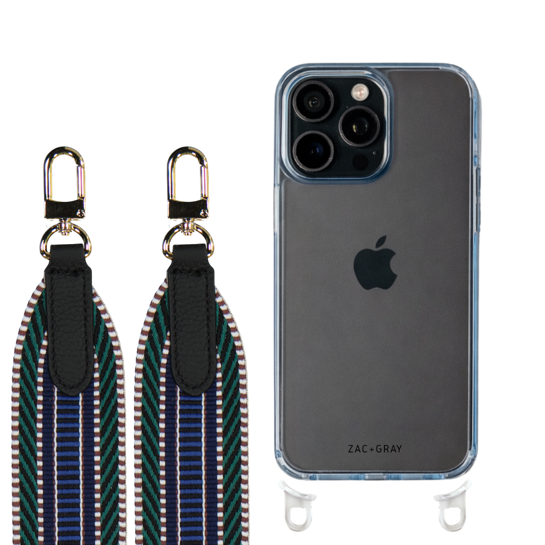 iPhone 16 Pro SKY BLUE TRANSPARENT CASE + PATTERNED STRAP