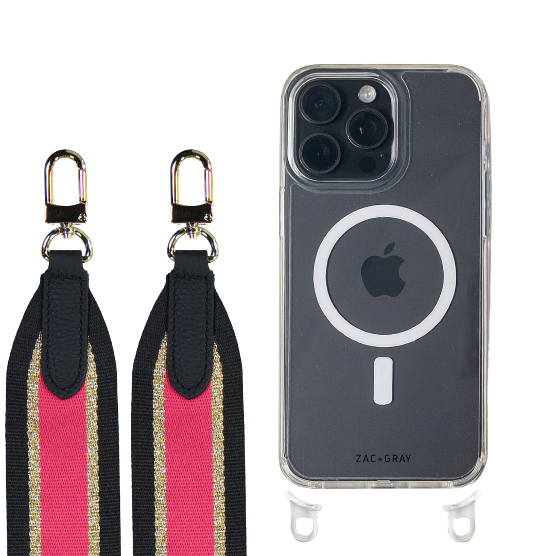 iPhone 16 Pro CRYSTAL CLEAR TRANSPARENT CASE + PATTERNED STRAP