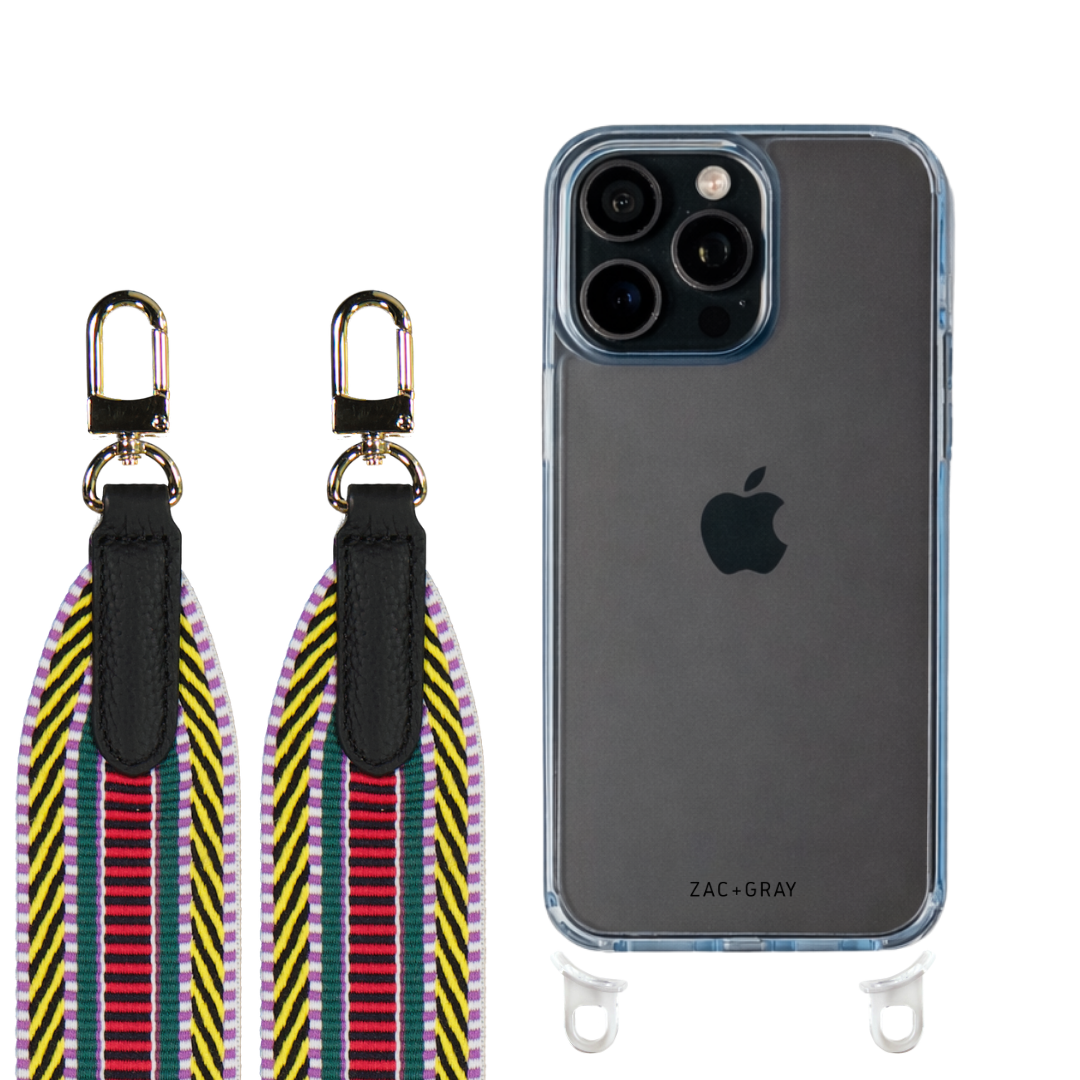 iPhone 16 Pro SKY BLUE TRANSPARENT CASE + PATTERNED STRAP