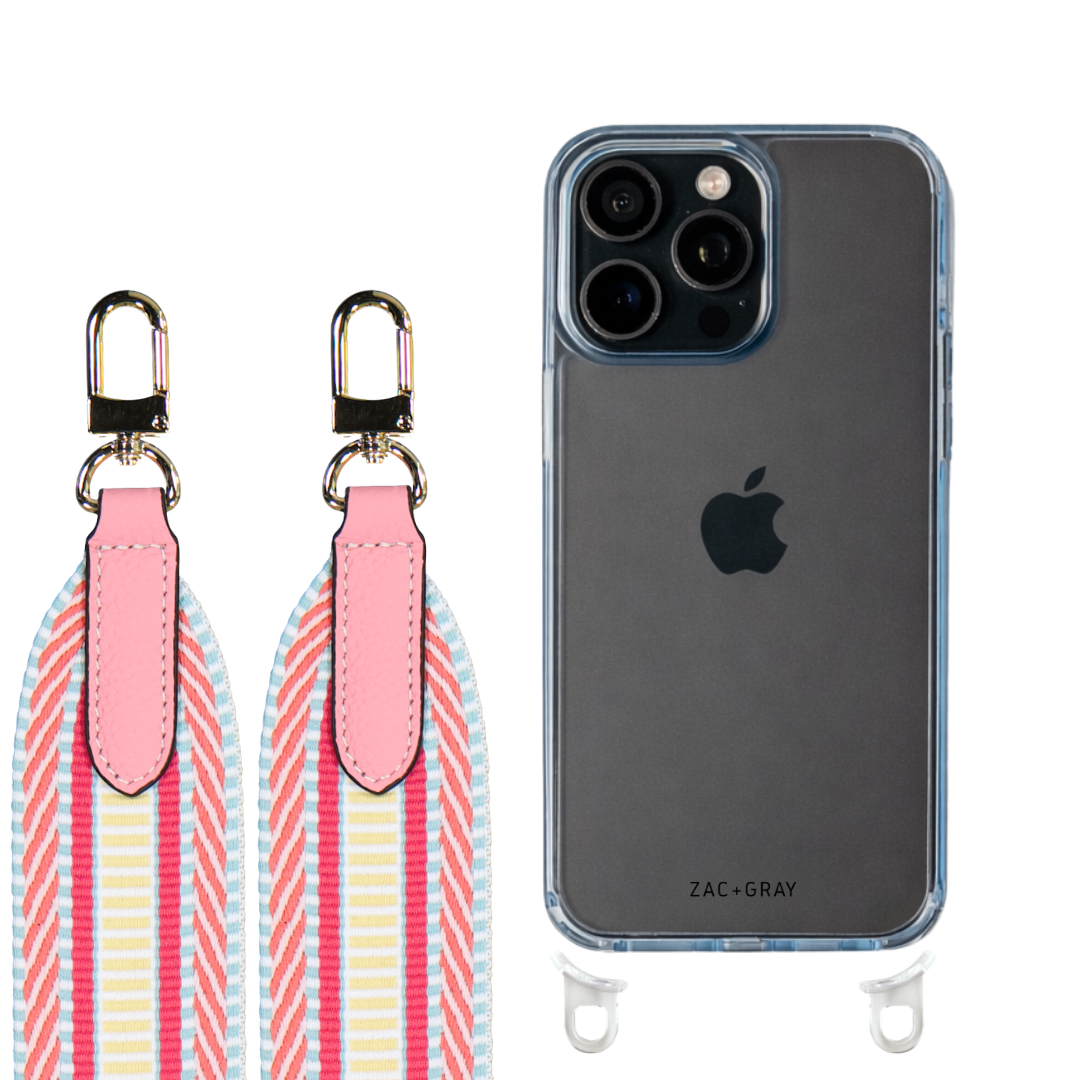 iPhone 16 Pro SKY BLUE TRANSPARENT CASE + PATTERNED STRAP
