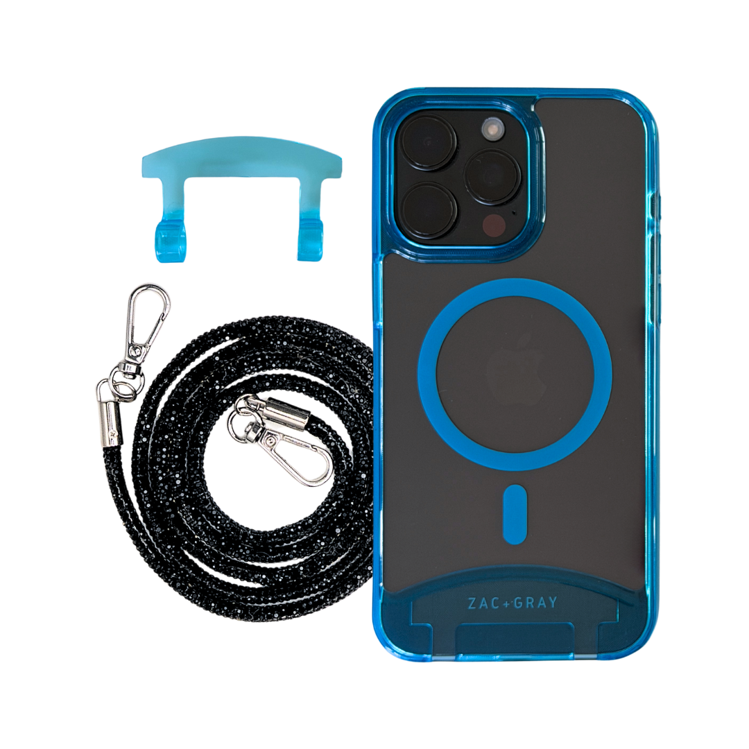 iPhone 14 Plus and 15 Plus AQUAMARINE TRANSPARENT CASE + CRYSTAL CORD