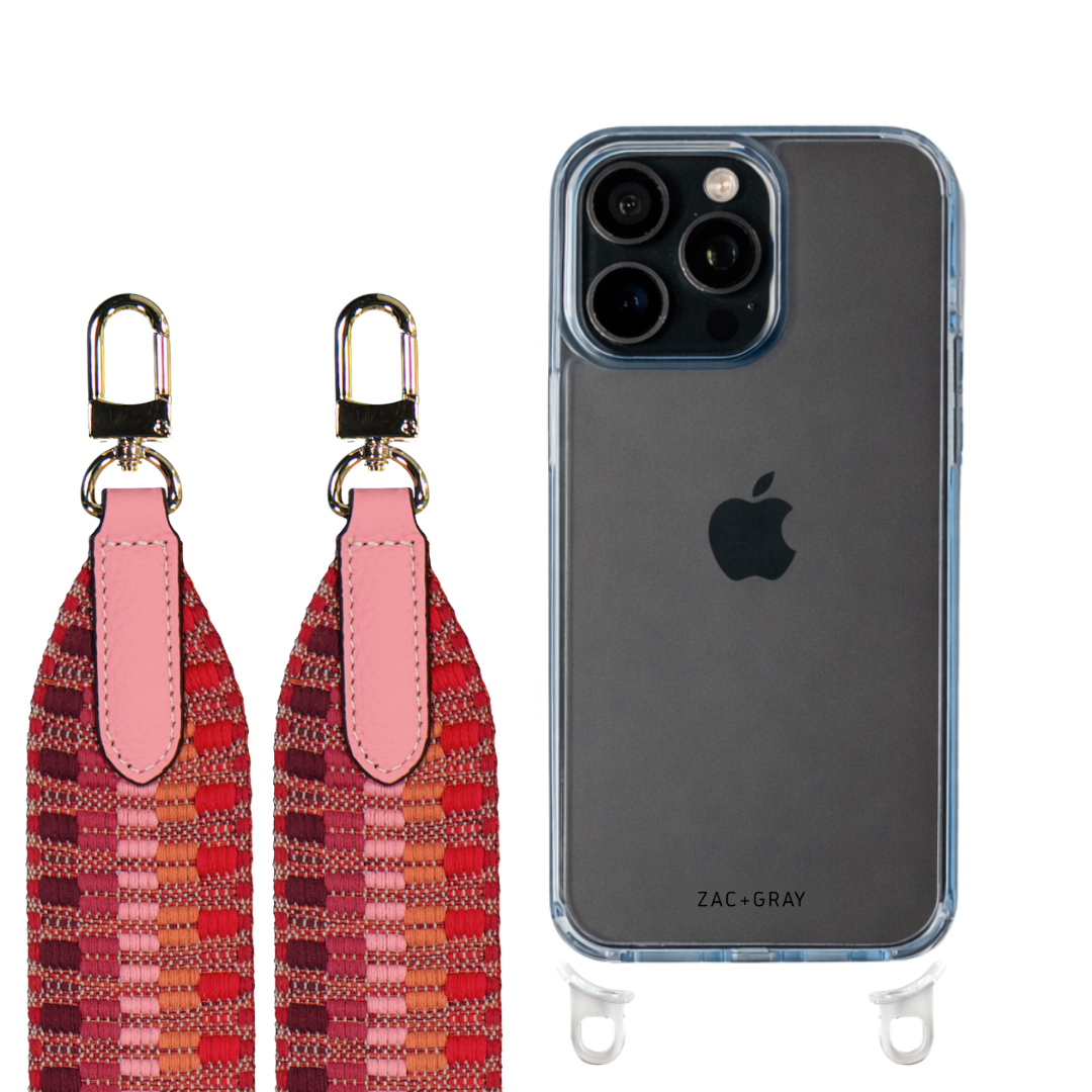 iPhone 16 Pro SKY BLUE TRANSPARENT CASE + PATTERNED STRAP