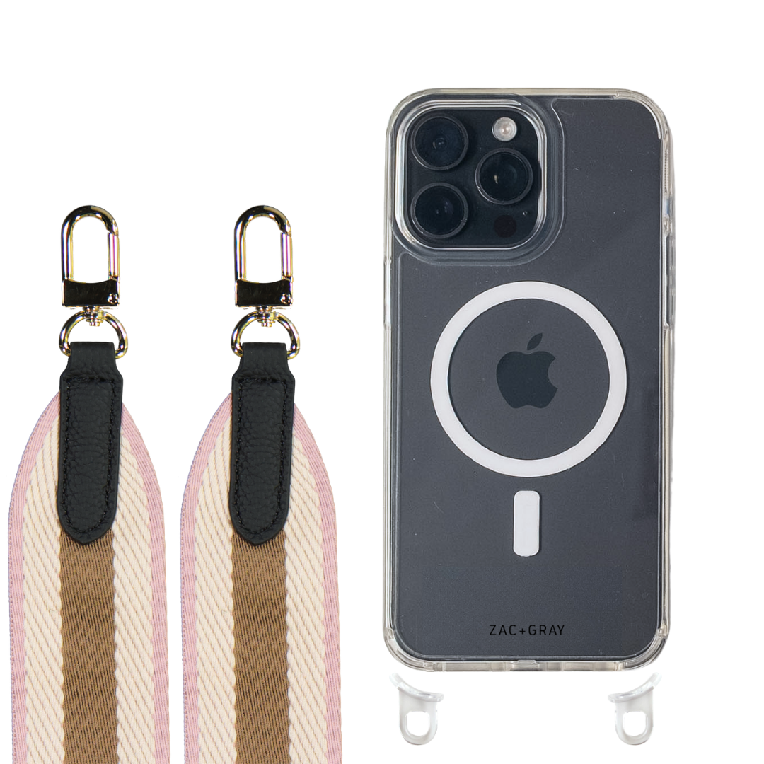 iPhone 16 Pro CRYSTAL CLEAR TRANSPARENT CASE + PATTERNED STRAP