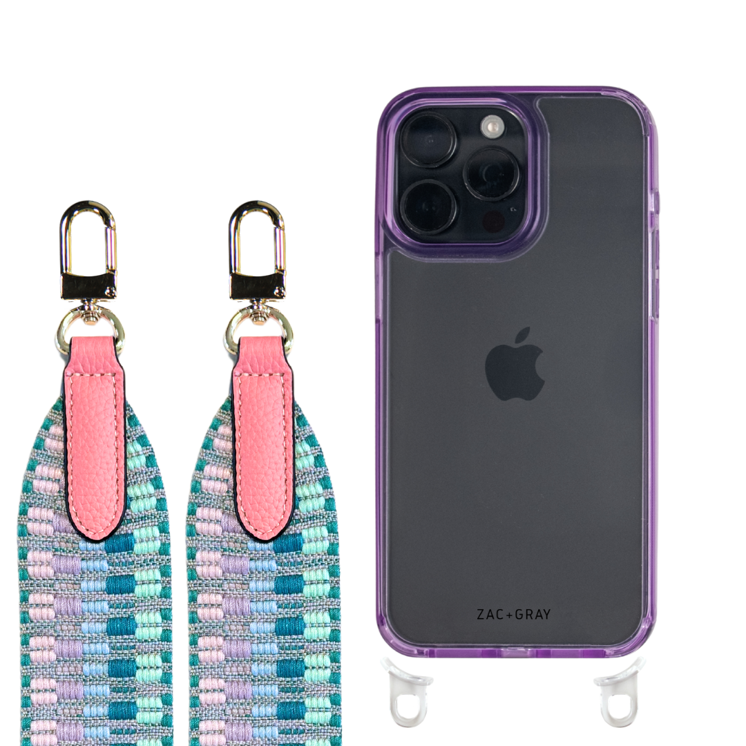 iPhone 16 LAVENDER TRANSPARENT CASE + PATTERNED STRAP