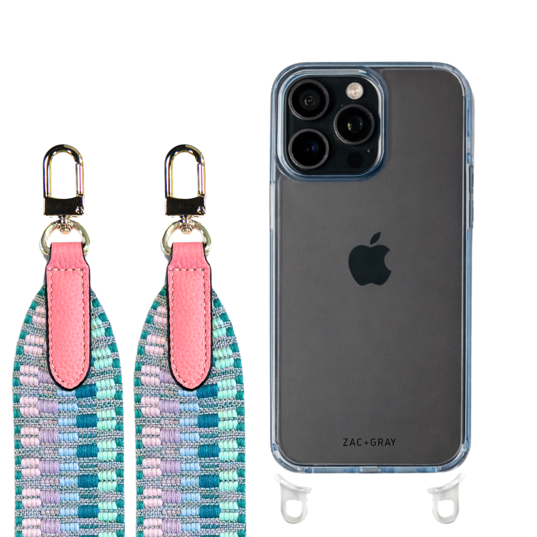 iPhone 16 Pro SKY BLUE TRANSPARENT CASE + PATTERNED STRAP