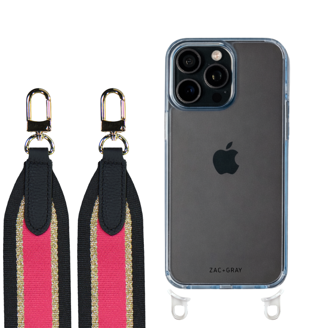 iPhone 16 Pro SKY BLUE TRANSPARENT CASE + PATTERNED STRAP
