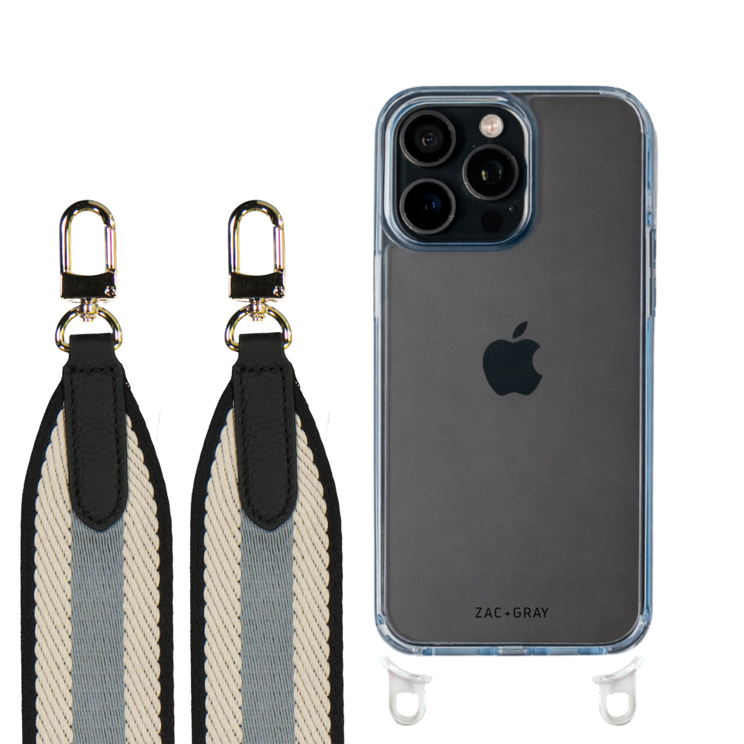 iPhone 16 Pro SKY BLUE TRANSPARENT CASE + PATTERNED STRAP