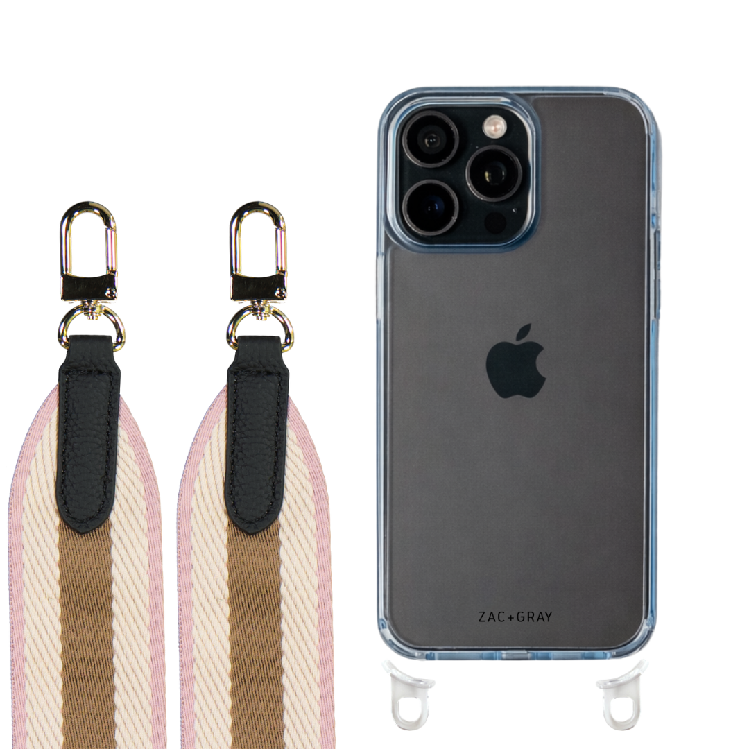 iPhone 16 Pro SKY BLUE TRANSPARENT CASE + PATTERNED STRAP
