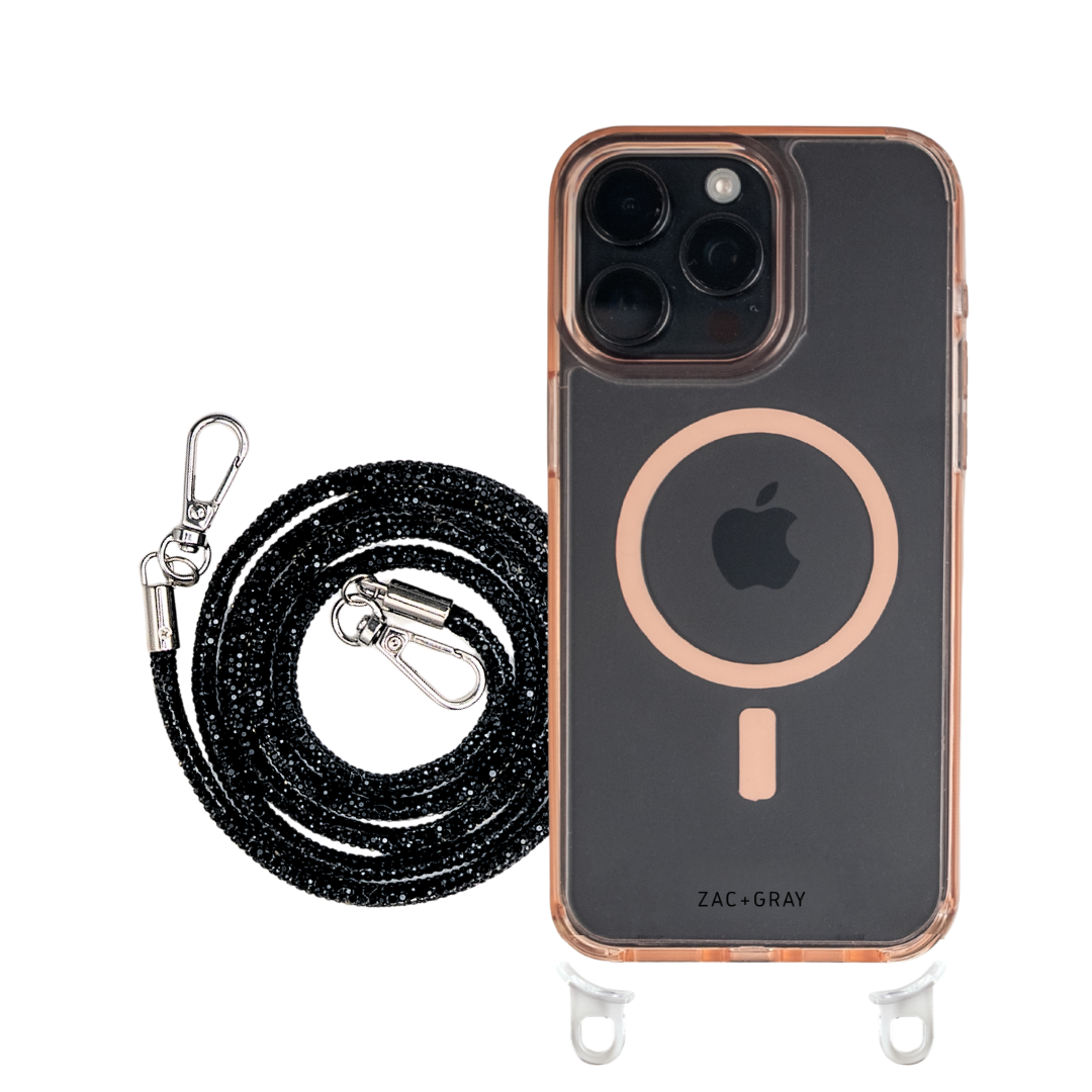 iPhone 16 POWDER PINK TRANSPARENT CASE + CRYSTAL CORD