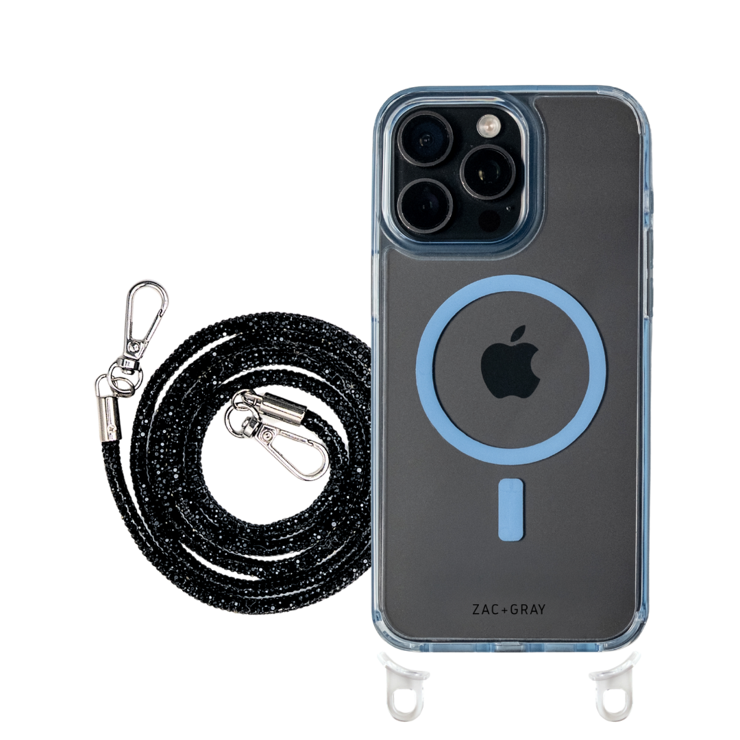iPhone 15 SKY BLUE TRANSPARENT CASE + CRYSTAL CORD