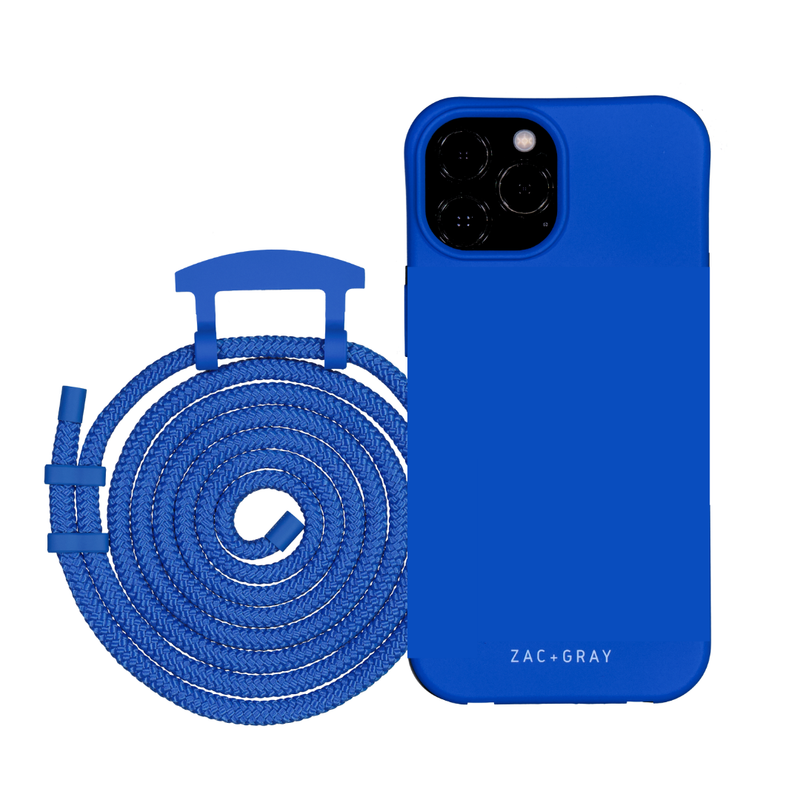 a blue phone case next to a blue hose